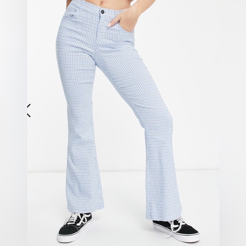 High rise flair blue plaid pants